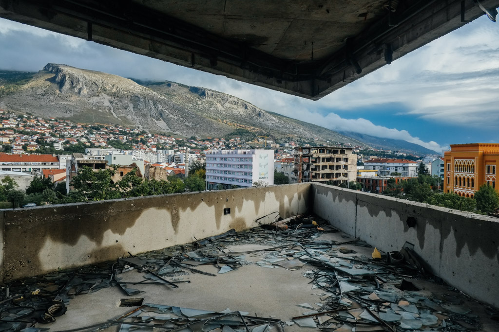 Former bank tower, former sniper stronghold. Mostar, Bosnia.