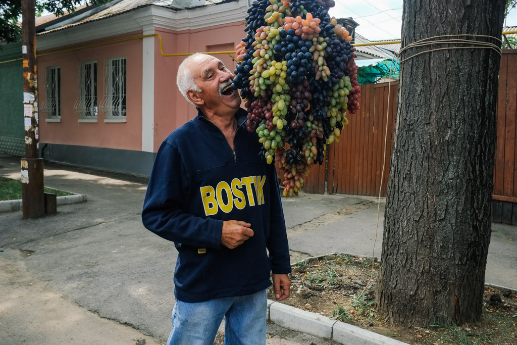 Grapes hang in the streets of Tiraspol, Transnistria.